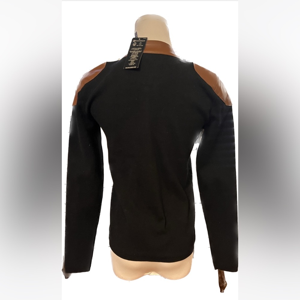 NEW RALPH LAUREN Cotton-blend Zip-up Moto Jacket In Polo Black/ Cuoio - Picture 3 of 14